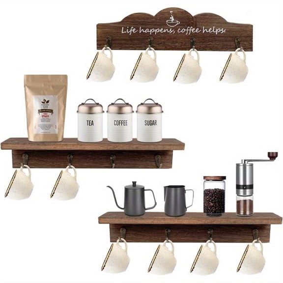 Wall‑Mounted Solid Wood Coffee Mug Rack, Wooden Cup Display Organizer with Hooks for Kitchen Coffee Bar Storage