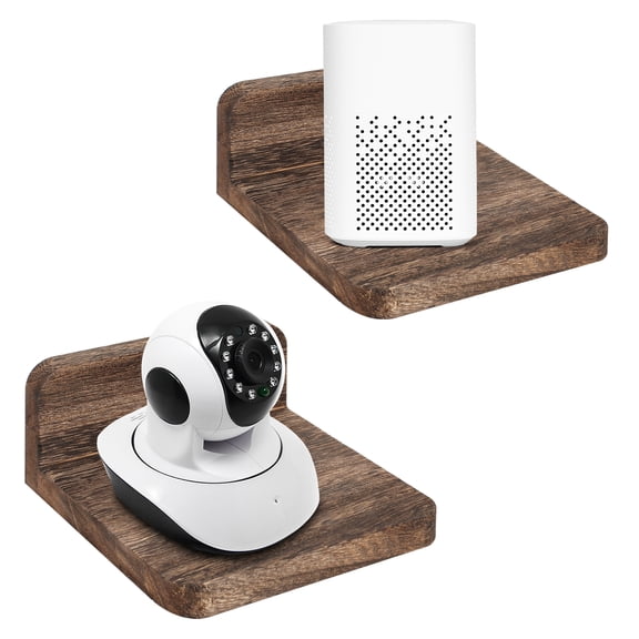 Wall Mounted Speaker Holder Floating Shelf, Monitor Camera Holder Small Shelf for Bluetooth Speaker Webcam Cell Phones Mesh Router Toy Display Cable Boxes by Wood (2 Pack)