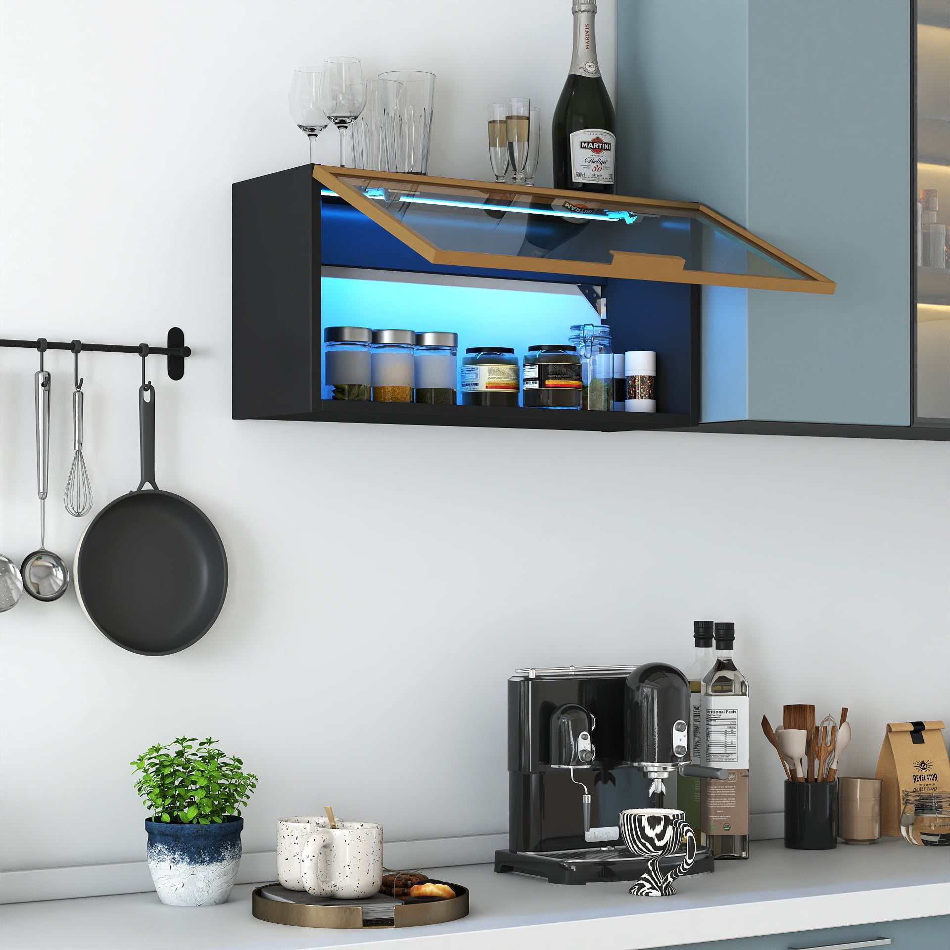 Wall Mounted Spice Rack Flip-Up Door Hanging Storage Cabinet for Kitchen, Black