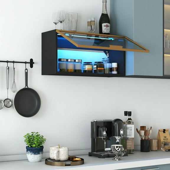 Wall Mounted Spice Rack Flip-Up Door Hanging Storage Cabinet for Kitchen, Black