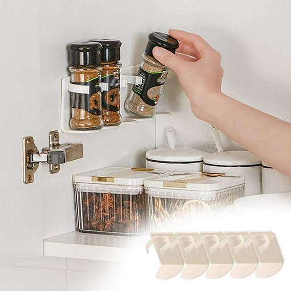 Wall Mounted Spice Rack Holder | Adhesive Kitchen Storage Organizer for Cabinet Door | Plastic Hook Strip Holds 5 Bottles