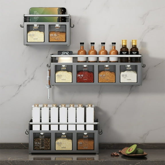 Wall Mounted Spice Rack Organizer Set, 1-Piece Stainless Steel Kitchen Seasoning Storage, Black 39.5x13.5x13cm, Includes Multiple Containers for MSG Pepper and Condiments