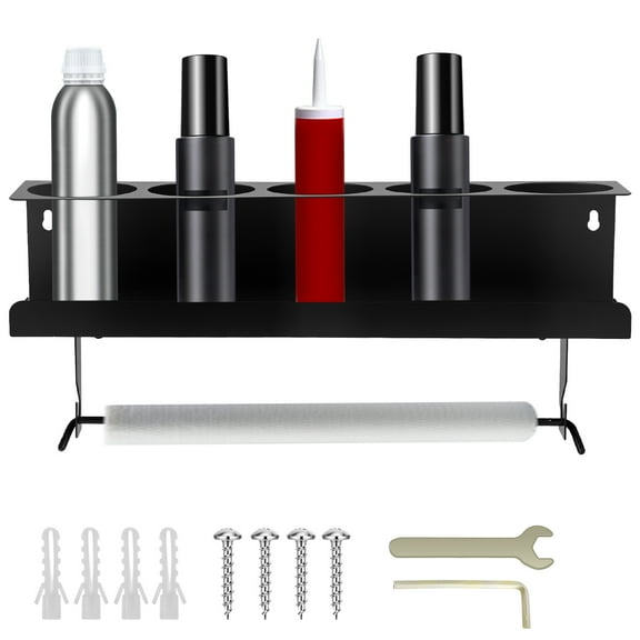 Wall Mounted Spray Paint Can Holder Metal 5 Hole Spray Bottle Storage Rack with Paper Towel Holder Aerosol Can Organizer for Bathroom Kitchen Garage