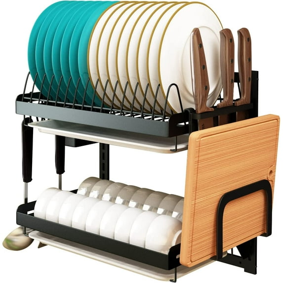 Wall Mounted Stainless Steel Dish Drying Rack Fruit Vegetable Storage Basket with Drainboard and Hanging Chopsticks Cage Knife Holder Kitchen Supplies Shelf Utensils Organizer (2-Tier)