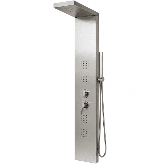 Wall Mounted Stainless Steel Shower Panel Tower System with Rainfall Shower Head, Body Jets, Handheld Wand, Temperature Control & Function Selector