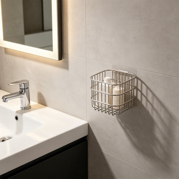 Wall Mounted Stainless Steel Storage Basket - Kitchen Organizer with Wire Mesh Hanging Shelf for Bathroom Countertop and Cabinet - Set of 2 Small Space Utility Caddy for Sponge Soap and Condiment
