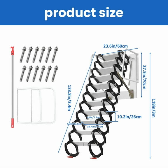 Wall Mounted Stair Drop Down System 12-Step Folding Wall Mounted Ladder Adjustable 10-10.8ft for Home Storage Room Loft Industrial Plant