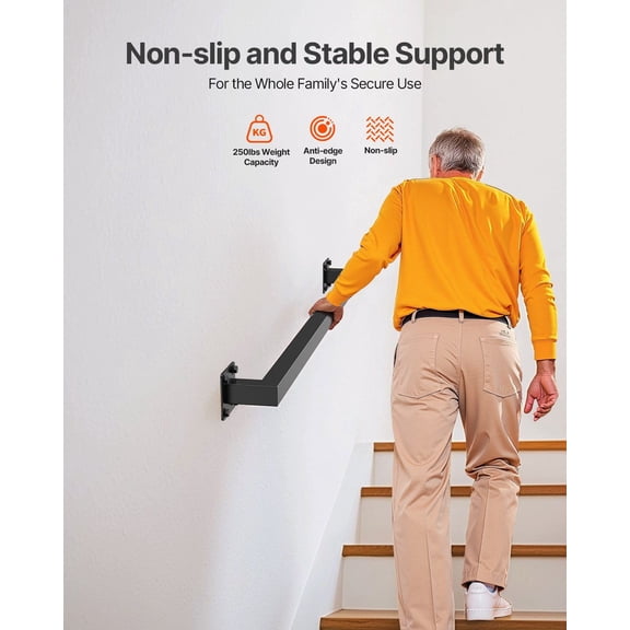 Wall Mounted Stair Handrail,4ft Black Iron Staircase Handrail Indoor,250lbs Load Capacity,Industrial Railing Hand Rail for Steps,Square Tube for Loft Porch Deck,2 Sections