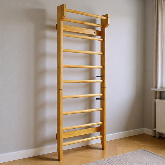 Wall Mounted Stall Bars Swedish Ladder Wooden Pull Up Bar for Home Gym Calisthenics Strength Training Stretching Physical Therapy Yoga Pilates Kids Adults Garage Workout Equipment Natural