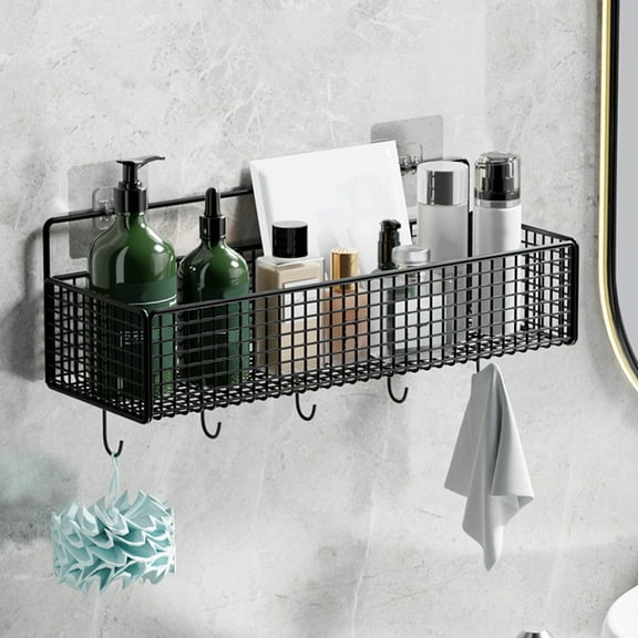 Wall Mounted Storage Basket, 14x5.9x5.1in Iron Mesh Organizer with Hooks, Black Kitchen Spice Rack, Bathroom Toiletries Shower Caddy for Bathroom, Kitchen Countertop, Includes Adhesive Strips