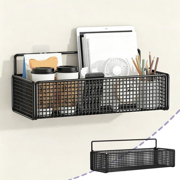 Wall Mounted Storage Basket,Metal Wire Basket,Kitchen Storage Rack,Space Saving Wall Basket,Bathroom Toiletry Organizer,Hanging Storage Basket With Bottom Hooks,Multipurpose Organizer