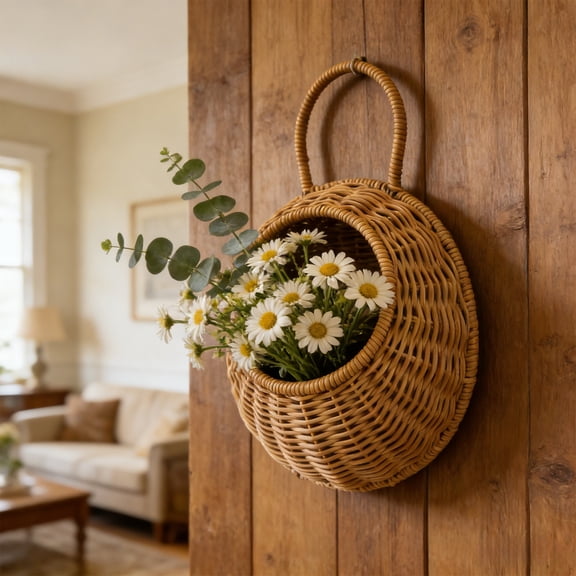 Wall-Mounted Storage Basket, Semi-Circle Woven Rattan Style Organizer for Kitchen Bathroom Living Room, Hanging Wall Decor Shelf