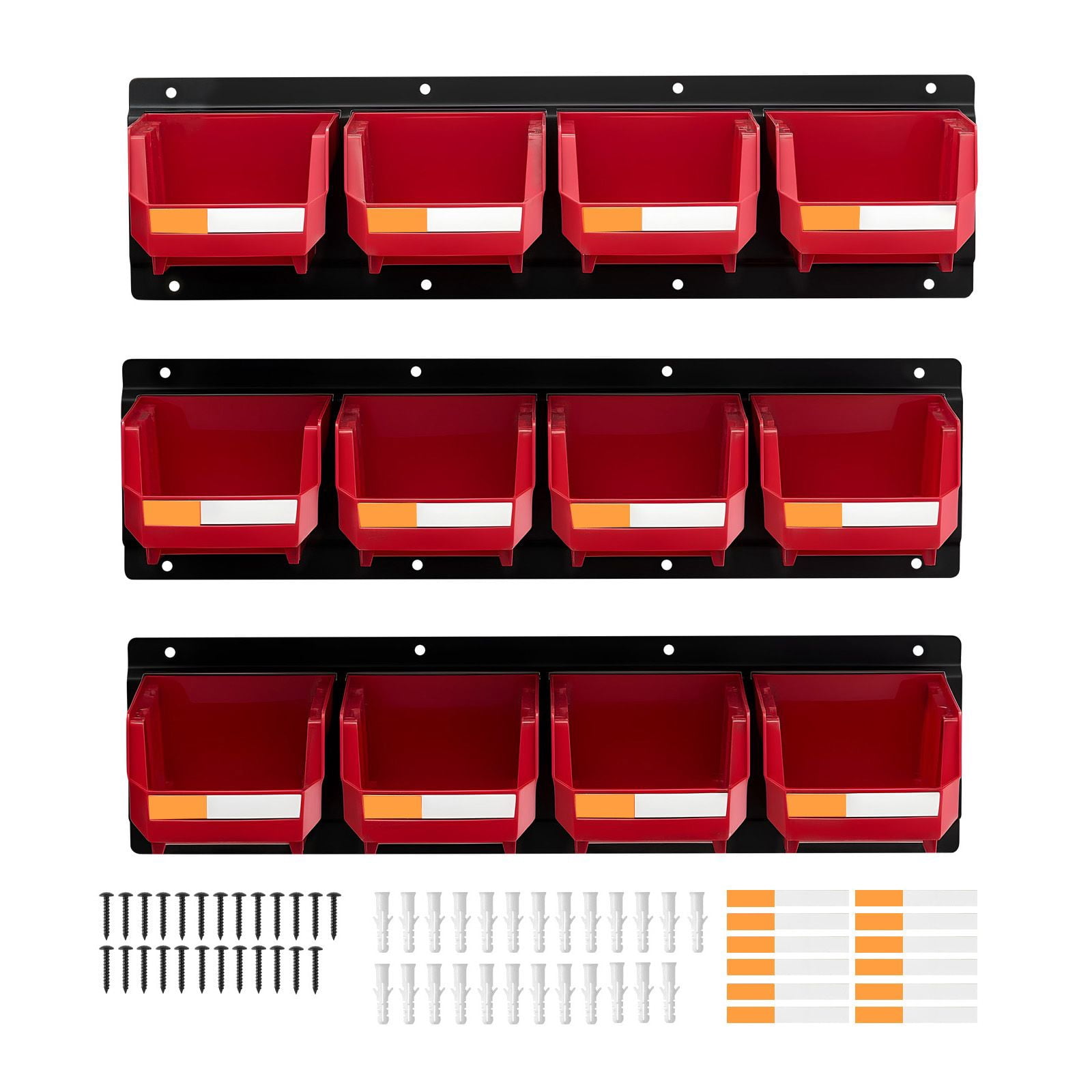 Wall Mounted Storage Bins 12-Pack with 3 Metal Rails for Garage Workshop Craft Room