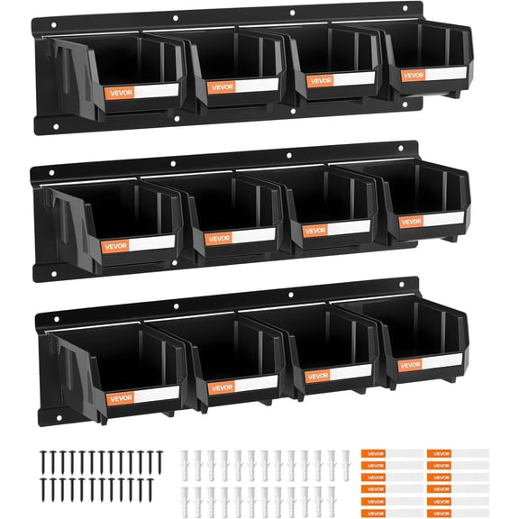 Wall Mounted Storage Bins, 12 Plastic Bins & 3 Metal Rails, Hanging Stackable Bin for Screws, Nuts, Bolts, Nails, Hardware Tool Organizer Workshop, Craft Room, Garage, Black