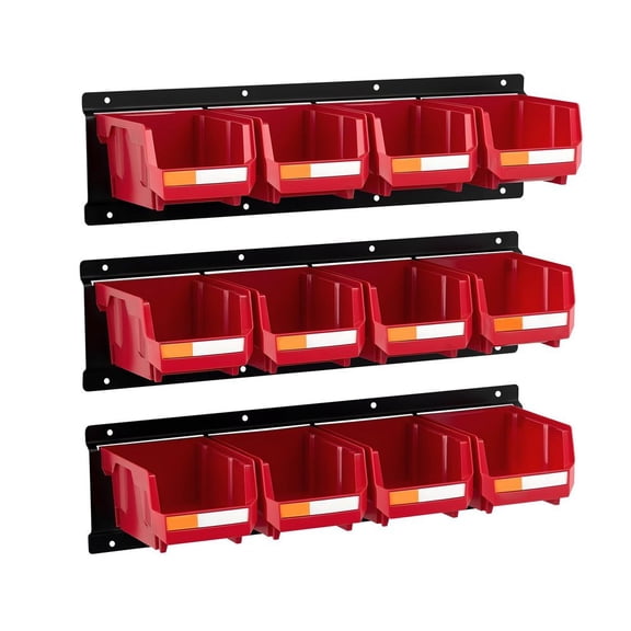 Wall Mounted Storage Bins, 12 Plastic Bins & 3 Metal Rails, Plastic Hanging Stackable Storage Bin for Screws, Nuts, Bolts, Nails, Hardware Tool Organizer for Workshop, Craft Room, Garage, Red