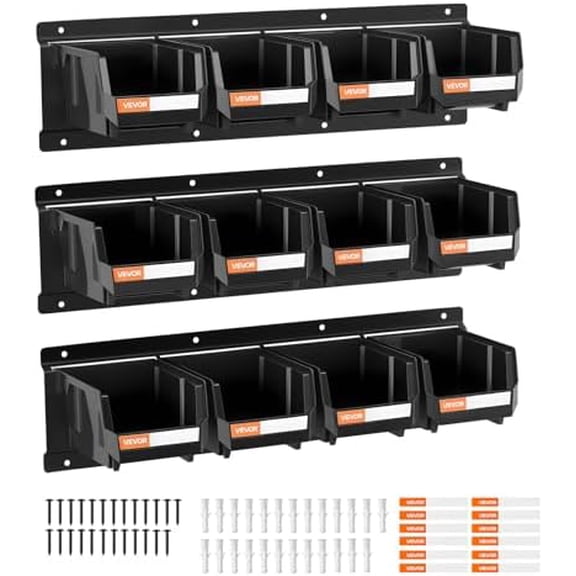 Wall Mounted Storage Bins, 12 Plastic Bins & 3 Metal Rails, Plastic Hanging Stackable Storage Bin for Screws, Nuts, Bolts, Nails, Hardware Tool Organizer for Workshop, Craft Room, Garage, Black