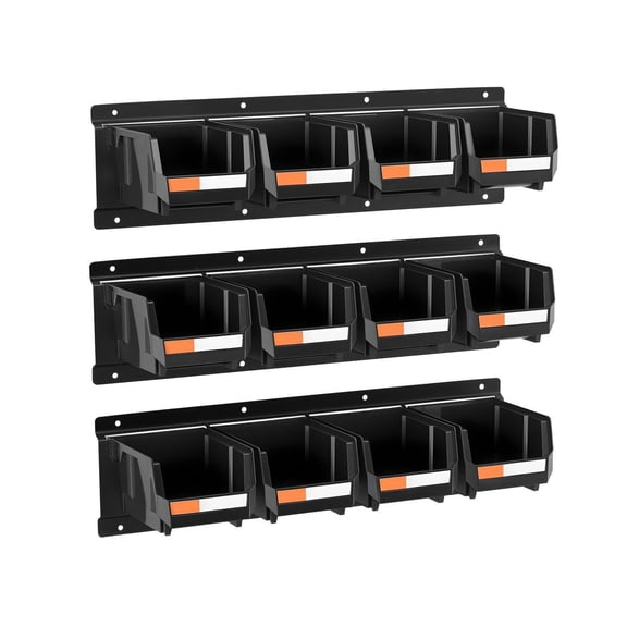 Wall Mounted Storage Bins - 12 Plastic Bins with 3 Rails - Hardware Organizer for Garage, Workshop, Craft Room - Stackable Parts Bins, Black