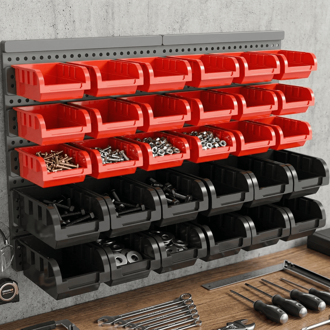 Wall Mounted Storage Bins 30PCS, Garage Parts Organizer with Hanging Panels, Plastic Nut & Bolt Screw Organizer, Small Parts Storage Bin Rack System for Workshop Garage Organization (Red/Black)