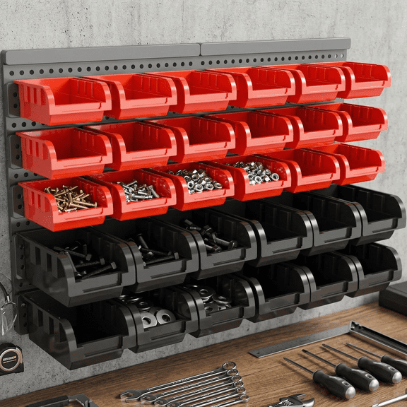 Wall Mounted Storage Bins 30PCS, Garage Parts Organizer with Hanging Panels, Plastic Nut & Bolt Screw Organizer, Small Parts Storage Bin Rack System for Workshop Garage Organization (Red/Black)