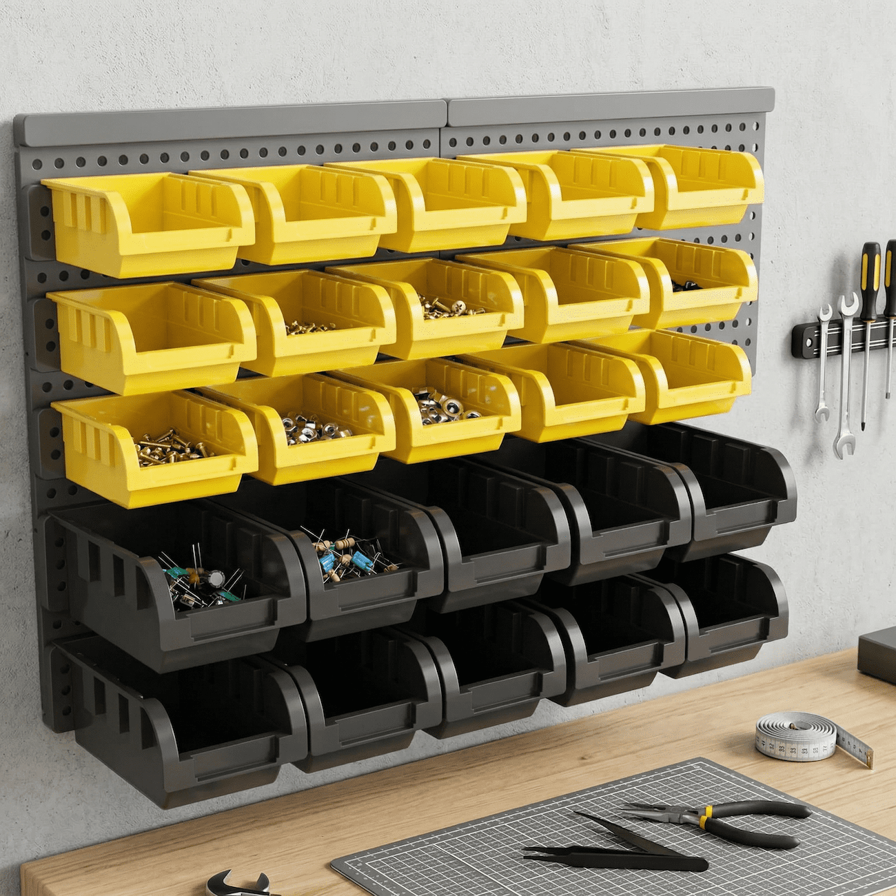 Wall Mounted Storage Bins 30PCS, Garage Storage Bins with Pegboard, Small Parts Organizer, Plastic Bolt Bin Screw Organizer, Nut & Bolt Hardware Organizer for Workshop Garage (Yellow & Black)