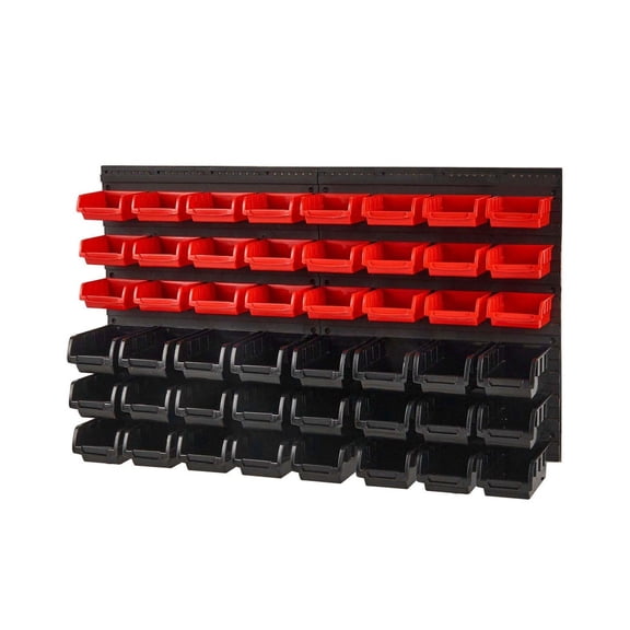 Wall Mounted Storage Bins 48-Bin Organizer - Parts Rack for Garage, Shop Tools, Nuts, Bolts - Plastic Organizer Bins with Panels - Black & Red