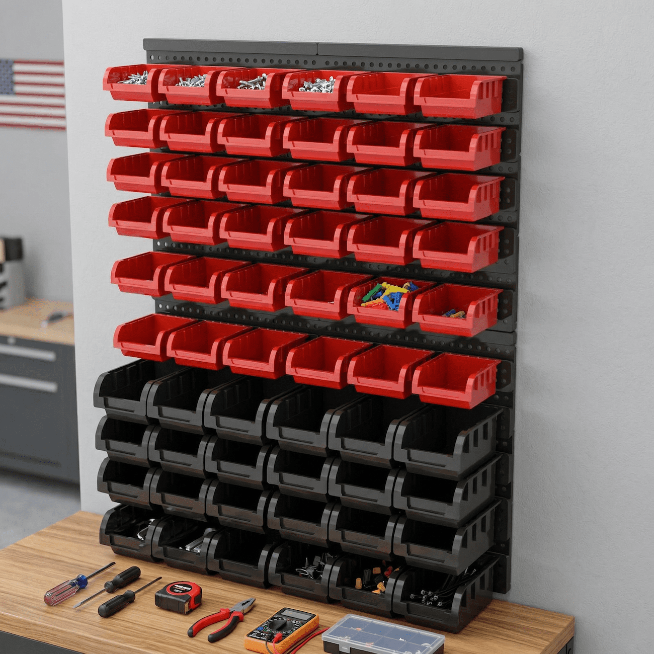 Wall Mounted Storage Bins 60PCS, Garage Parts Organizer System with 36 Red & 24 Black Bins, Pegboard Bolt & Screw Organizer, Plastic Tool Storage Bins for Hardware, Workshop, Small Parts