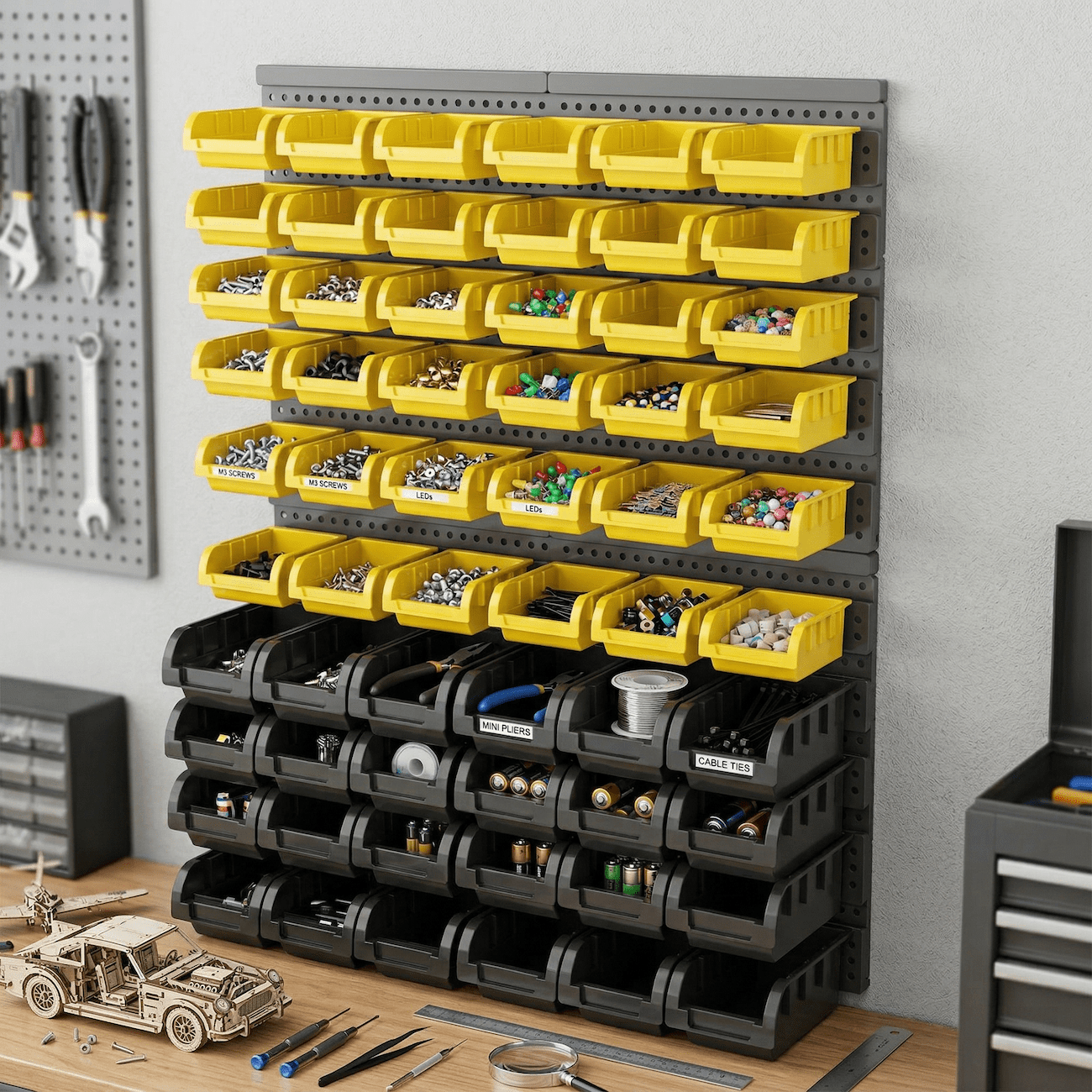 Wall Mounted Storage Bins 60PCS, Garage Storage Bin Organizer with 36 Yellow & 24 Black Plastic Bins, Large Wall Mount Parts Organizer for Screws, Nuts & Bolts, Tool Storage System with Label Slots