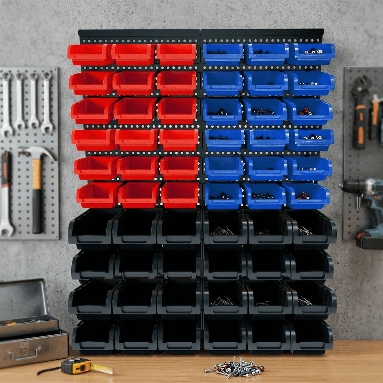 Wall Mounted Storage Bins 60PCS, Garage Storage Organizer with Rack, Plastic Screw Nut Bolt Organizer, Parts Hardware Storage Bins System, Large Capacity Tool Organizer (Red Blue Black)