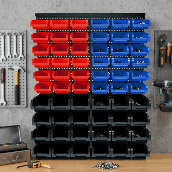 Wall Mounted Storage Bins 60PCS, Garage Storage Organizer with Rack, Plastic Screw Nut Bolt Organizer, Parts Hardware Storage Bins System, Large Capacity Tool Organizer (Red Blue Black)