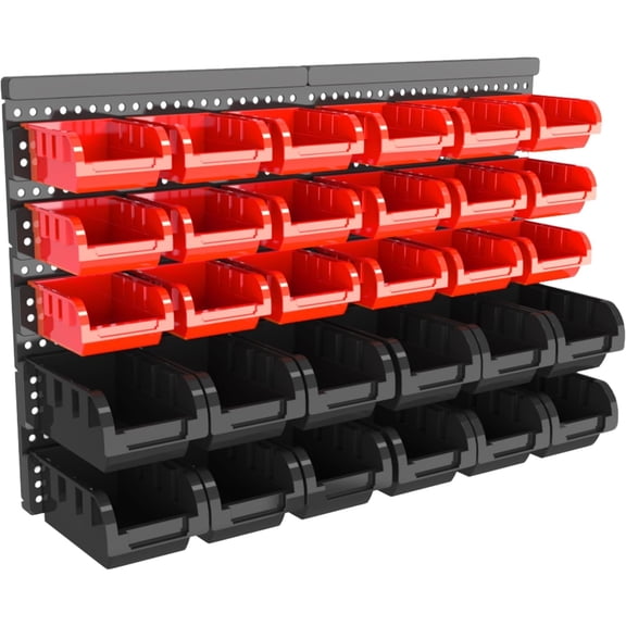 Wall Mounted Storage Bins Organizer Set, 30PCS Plastic Nut & Bolt Organizer with Pegboard, Screw Storage Bins for Garage, Workshop, Craft & Hardware Organization (Red & Black, Small)