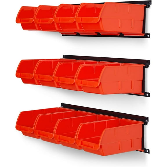 Wall Mounted Storage Bins, Storage Organizer Bins, Garage Tool Storage System for Screws, Nuts, , Nails, and Small Hardware , 12x bins & 3 x rails, Orange