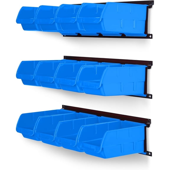 Wall Mounted Storage Bins, Plastic Hanging Storage Organizer Bins, Garage Tool Storage System for Screws, Nuts, Bolts, Nails, and Small Hardware Parts, 12x bins & 3 x rails