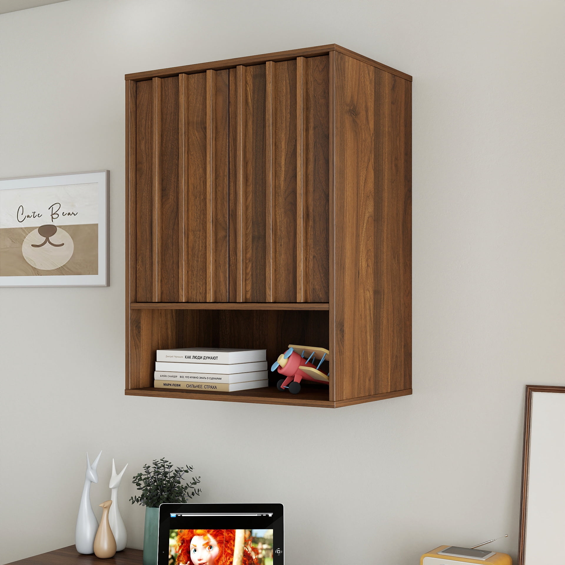Wall-Mounted Storage Cabinet with Doors and Open Shelf, Wooden Wall ...
