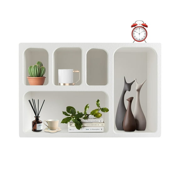 Wall Mounted Storage Cabinet, Floating Wall Shelf with 5 Compartments Open Storage Rack Freestanding Organizer White for Kitchen Study Room Living Room Bathroom