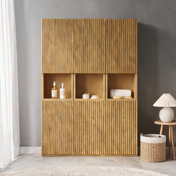 Wall Mounted Storage Cabinet Multi-Room Use Golden Oak Plywood 41 Inch Modular Configuration