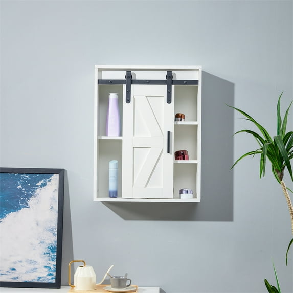 Wall Mounted Storage Cabinet, Wood Storage Cabinet with Sliding Door, Multi-functional Cabinet for Bathroom, Kitchen, Living Room, 21.7"L x 7.9"W x 27.6"H, White