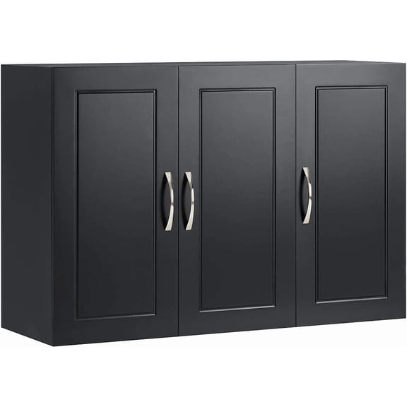 Wall-Mounted Storage Cabinet with 3 Doors and Adjustable Shelves, Black