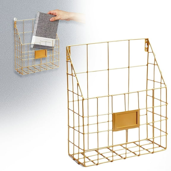 Wall Mounted Storage Holder, Metal File Organizer Rack for Home Office, Mesh Hanging Storage for Documents & Mail,Gold