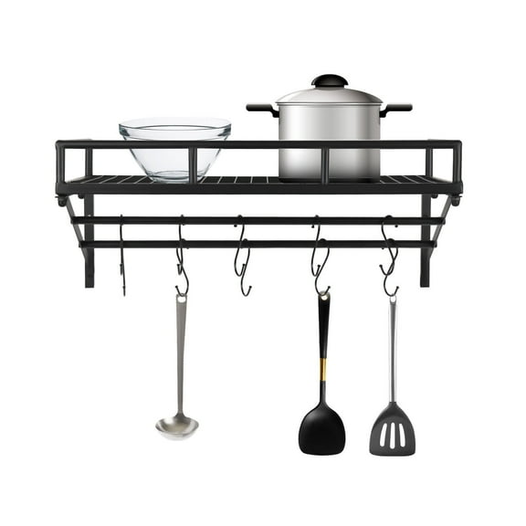 Wall Mounted Storage Kitchen Shelf Cookware Pan Pot Organizer Rack with 10 Hooks Black,44lbs Capacity