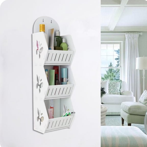 Wall Mounted Storage Rack, 3-Tier Bathroom Organizer Shelf for Shower, Laundry Room, Over Toilet - Space Saving PVC Shelves with Hanging Hooks, White Home Organization Solution