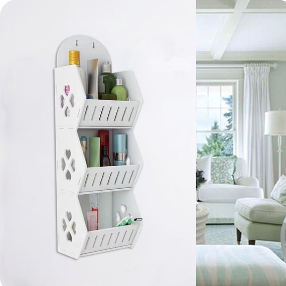 Wall Mounted Storage Rack, 3-Tier Bathroom Organizer Shelf for Shower, Laundry Room, Over Toilet - Space Saving PVC Shelves with Hanging Hooks, White Home Organization Solution