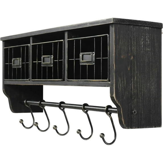 Wall Mounted Storage Rack - Blackwashed Solid Pine Wood - 24 Inch - Upper Shelf - 5 Hooks - Wire Baskets - for Entryway, Kitchen, Bathroom