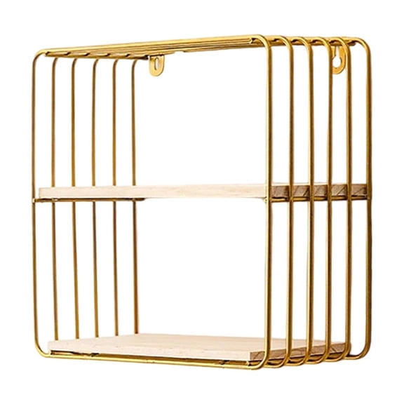 Wall Mounted Storage Rack, No Drilling Required, Durable Iron & Wood Construction, Multi - functional Double Layer Shelf for Living Room & Bedroom Display,Gold