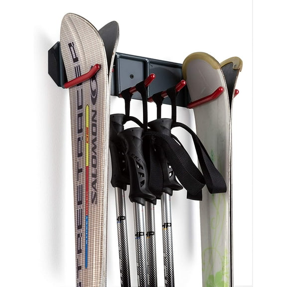 Wall Mounted Storage Rack Organizer for 2 Skis and 2 Poles - Heavy Duty Horizontal Wall Ski Rack with Metal Frame and Padded Hooks - Indoors | Outdoors - Ideal for Garage, Dens, Patios