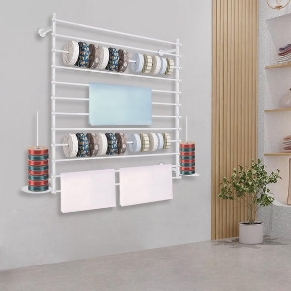 Wall Mounted Storage Rack, Ribbon Holder and Wrapping Paper Organizer 120cm Wide, White Standing Shelf Unit for Scarf Fabric Display, Flower Shop Craft Room Storage