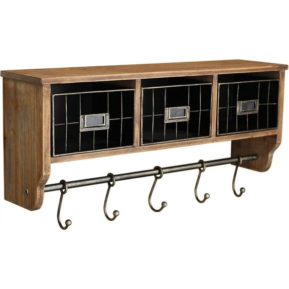 Wall Mounted Storage Rack - Rustic Brown Solid Pine Wood - 24 Inch - Upper Shelf - 5 Hooks - Wire Baskets - for Entryway, Kitchen, Bathroom
