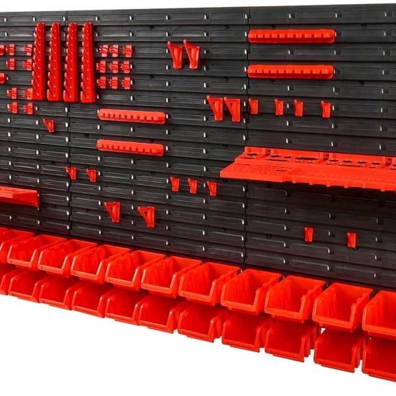 Wall Mounted Storage Rack System, 30-Bin Parts Rack Organizer with Wall Panels/Tool Holders/Hooks, Garage Plastic Shop Tool Organizer for Nuts, Bolts, Screws, Nails, Beads, Buttons