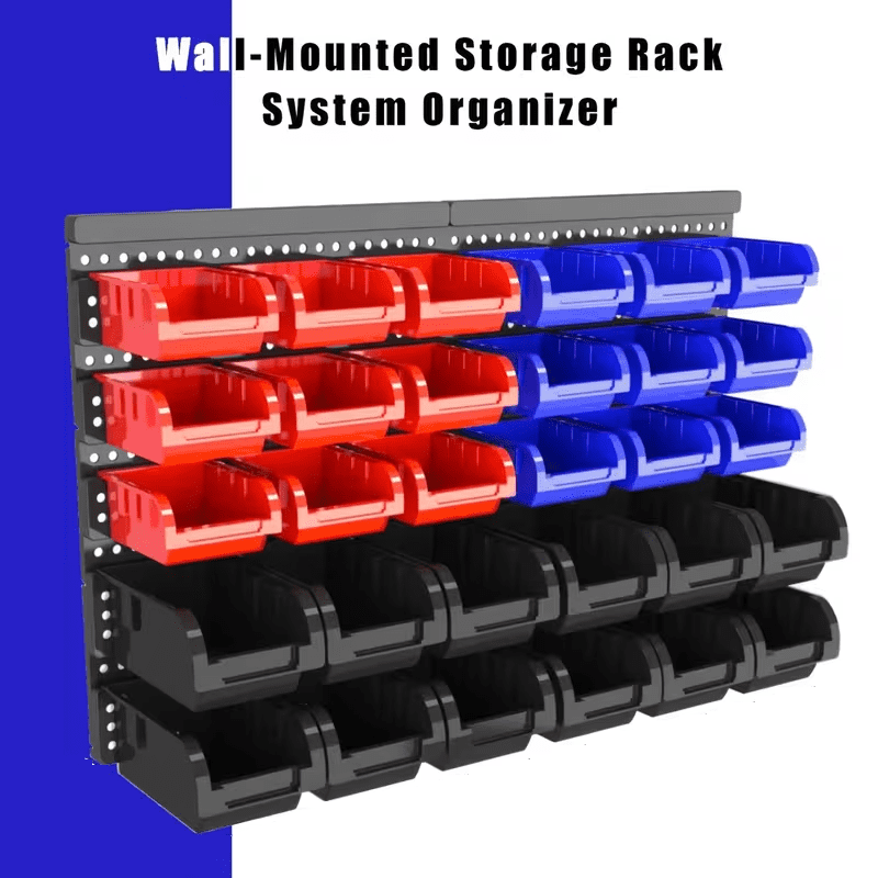Wall-Mounted Storage Rack System with Bins and Brackets - 30 Pcs Heavy Duty Garage & Workshop Tool Organizer, Stackable for Screws, Nuts, Bolts, Nails, Beads & Small Hardware, Easy Installation