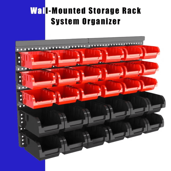 Wall-Mounted Storage Rack System with Bins and Brackets - 30 Pcs Heavy Duty Garage & Workshop Tool Organizer, Stackable for Screws, Nuts, Bolts, Nails, Beads & Small Hardware, Easy Installation