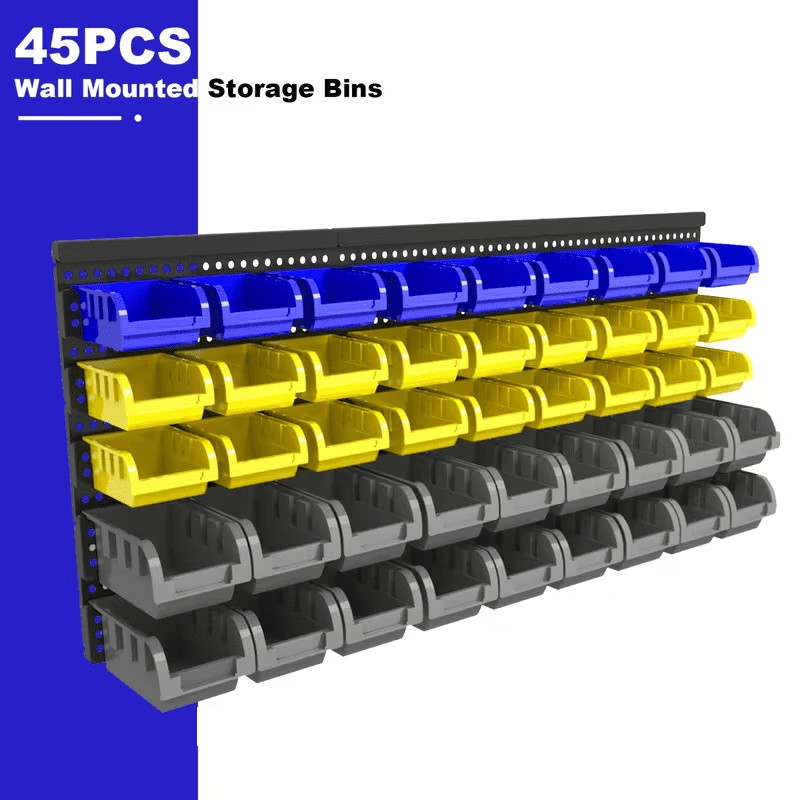 Wall-Mounted Storage Rack System with Bins and Brackets - 45 Pcs Heavy Duty Garage & Workshop Tool Organizer, Stackable for Screws, Nuts, Bolts, Nails, Beads & Small Hardware, Easy Installation